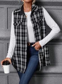 SHEIN LUNE Plaid Pattern Flap Detail Tweed Vest Overcoat - Black and White - View 5