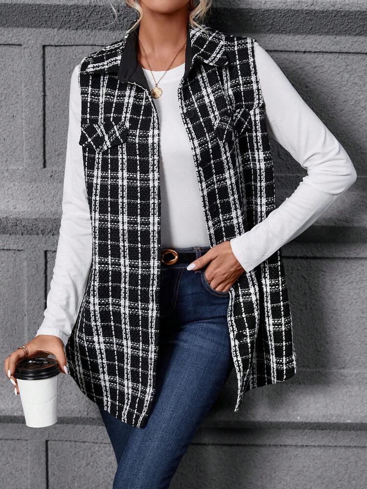 Plaid Pattern Flap Detail Tweed Vest Overcoat