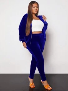 SHEIN SXY Plus Zip Up Velvet Hoodie & Pants - Blue - View 5