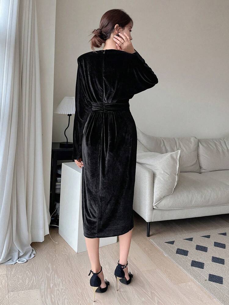 Surplice Neck Ruched Waist Dress,Fall Dress Long Sleeve Dress