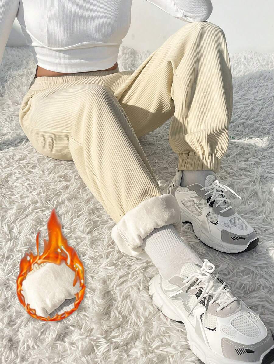 Chiquease Solid Elastic Waist Thermal Lined Pants - Apricot - View 1