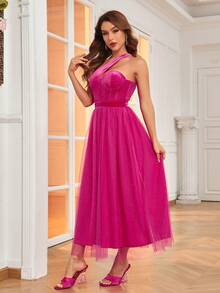 Double Crazy One Shoulder Mesh Overlay Cocktail Dress - Hot Pink - View 6