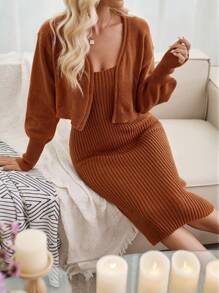 SHEIN Clasi Solid Cami Sweater Dress & Drop Shoulder Cardigan - Brown - View 1