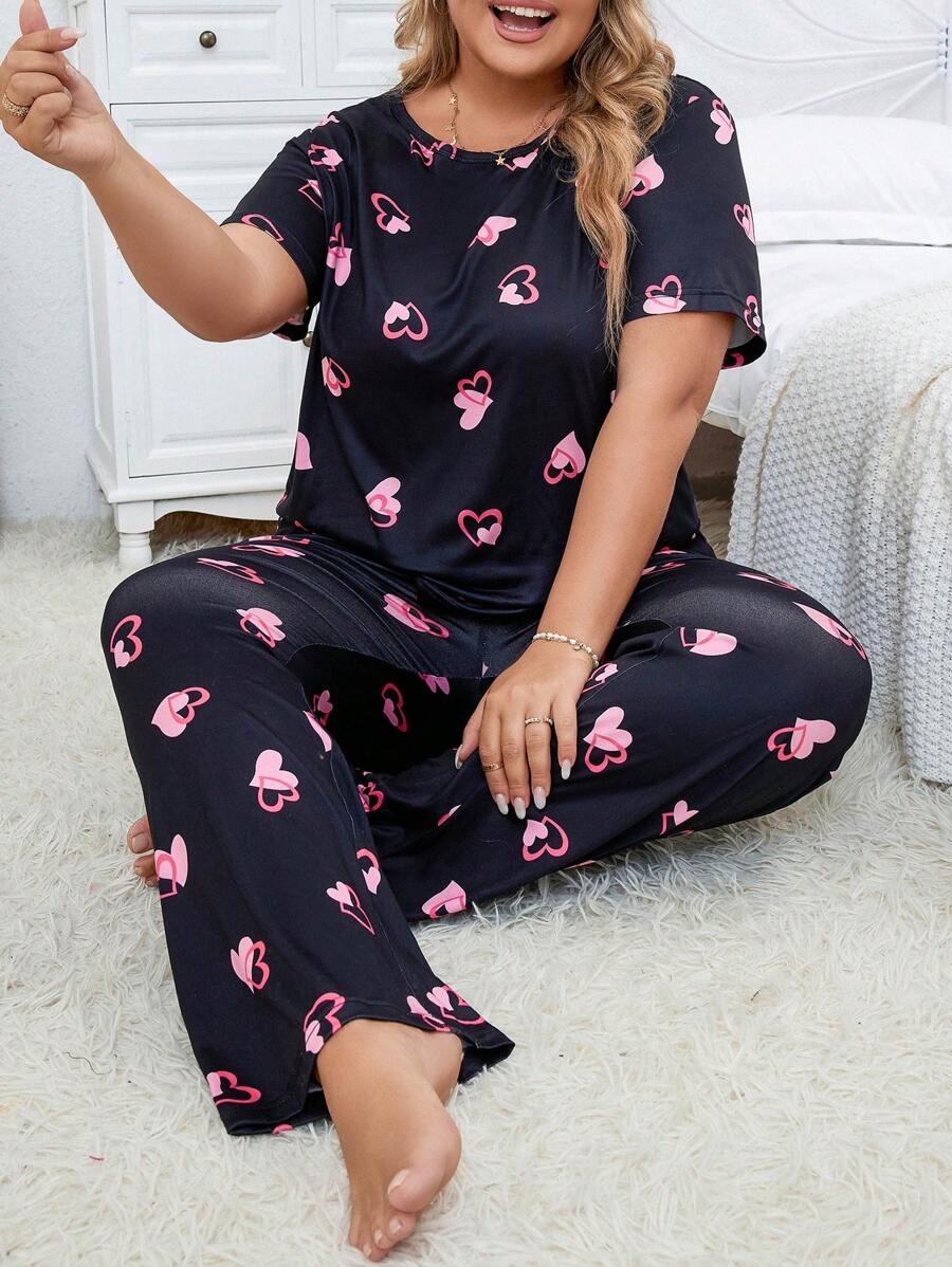 Plus Heart Print PJ Set / Pajama Set - Black - View 1