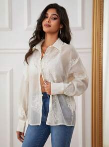 Allurite Drop Shoulder Button Front Lace Shirt - Apricot - View 1