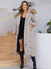 HaiLuoZi Áo khoác có mũ trùm đầu có đệm và thắt lưng có nút bấm - Màu Khaki - Xem 1