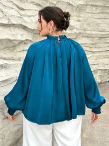 SHEIN Privé Hơn Lá sen tỉa Cổ giả Tay áo lồng đèn Áo sơ mi - Màu xanh lam - Xem 2