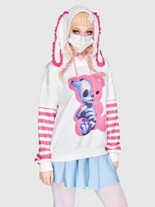 ROMWE Kawaii Cartoon Graphic Drop Shoulder Hoodie - Multicolor - View 6