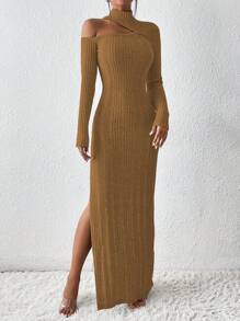 SHEIN LUNE Asymmetrical Neck Split Thigh Dress - Brown - View 1