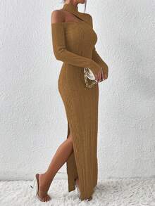 SHEIN LUNE Asymmetrical Neck Split Thigh Dress - Brown - View 3