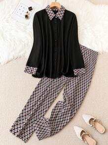 SHEIN LUNE Plus Geo Print Shirt & Pants - Black - View 1