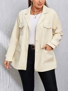 SHEIN Privé Plus Flap Pocket Belted Coat - Beige - View 5