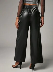 Hauture Notch Waist PU Leather Wide Leg Pants - Black - View 2