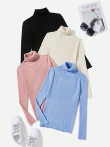 SHEIN EZwear 4pcs Chất rắn Áo cao cổ Đồ đan Ribbed Áo len - Nhiều màu - Xem 1