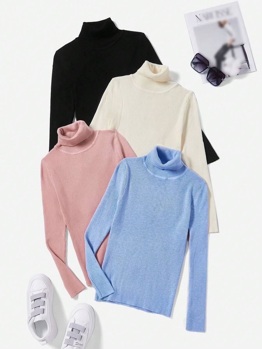 SHEIN EZwear 4pcs Chất rắn Áo cao cổ Đồ đan Ribbed Áo len - Nhiều màu - Xem 1