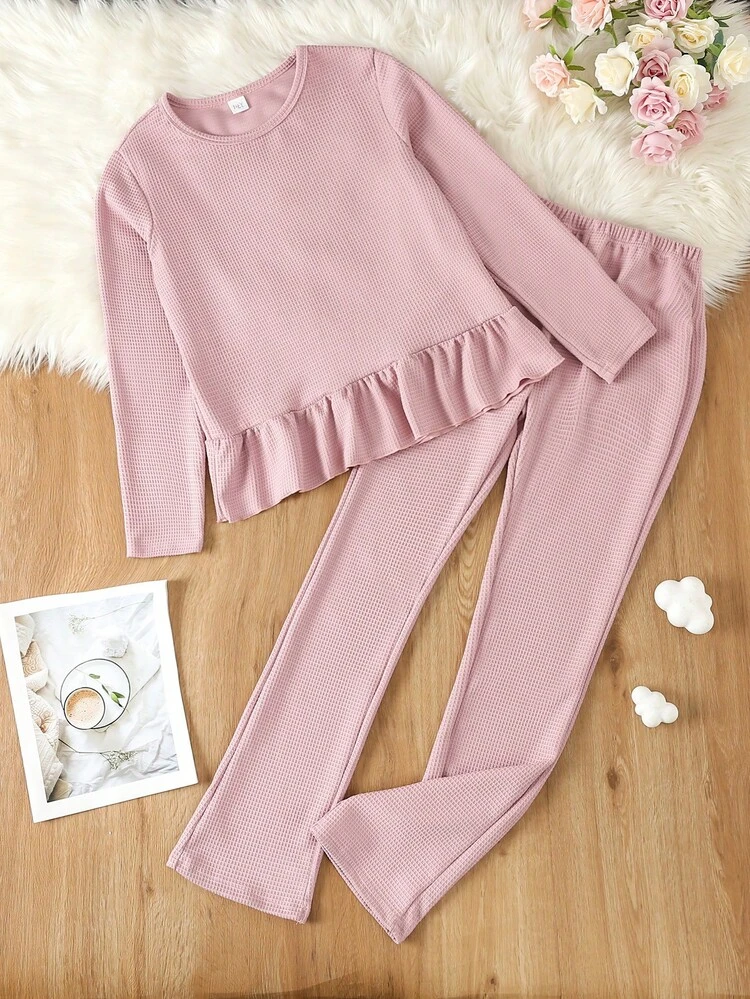 Teen Girl Ruffle Hem Tee & Pants PJ Set
