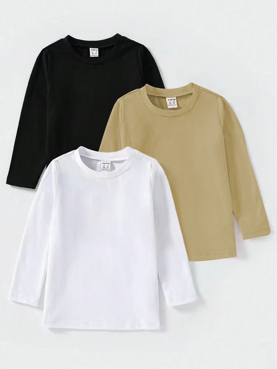 SHEIN Young Girl 3pcs Solid Round Neck Tee - Multicolor - View 1