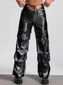 SHEIN Unity Tie Front Ruched Pants Fall Cloth For Women - Black - View 1