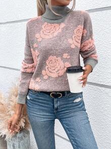 SHEIN LUNE Mô hình hoa Áo cao cổ Thả vai Áo len - Nhiều màu - Xem 5