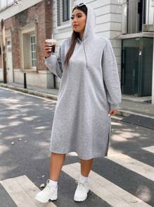 Flirla Plus Drop Shoulder Hooded Sweatshirt Dress - Grey - View 4