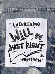 Chico adolescente Cazadora mezclilla con slogan con diseño de parche desgarro sin camiseta - Azul lavado medio - Ver 6