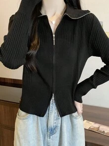 French Design Dual Zipper Stylish And Slimming Knit Sweater