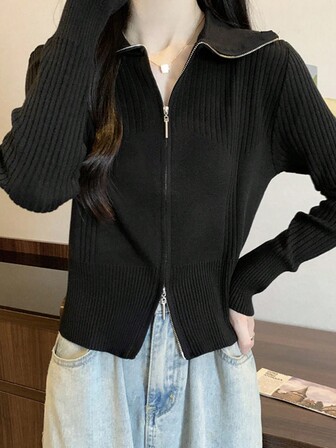 Fransk design dubbel dragkedja Snygg och slimmad stickad tröja