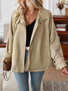 SHEIN Essnce 插肩袖拉鏈開襟斜口袋風衣外套 - 卡其色 - 查看 1