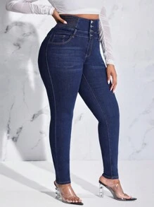 SHEIN SXY 加高腰鈕扣門襟斜口袋緊身牛仔褲 - 深色水洗藍 - 查看 5