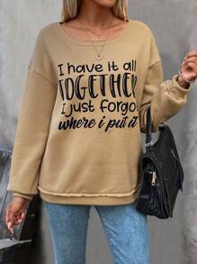 SHEIN LUNE Slogan Graphic Drop Shoulder Sweatshirt Pullover Fall Sweatshirt - Khaki - View 6
