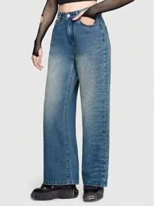 ROMWE Grunge Punk Straight Leg Denim Jeans With Cross Print - Blue - View 6