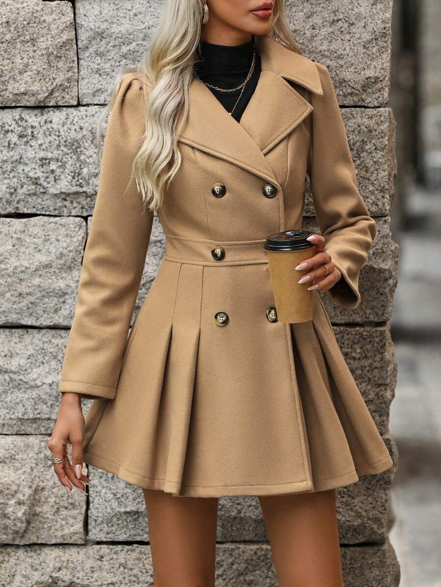 Chiquease Lapel Neck Double Breasted Fold Pleated Detail Overcoat - Khaki - View 1