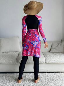 女士花卉印花长袖连体泳衣和罩衫套装，2 件套，适合夏季海滩度假