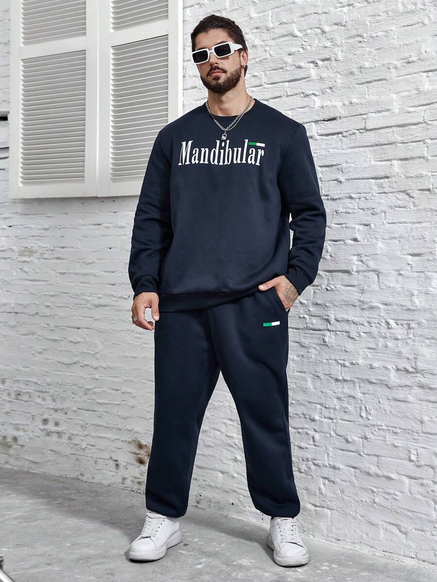 Manfinity Homme Men Plus Letter Graphic Sweatshirt & Sweatpants - Navy Blue - View 1