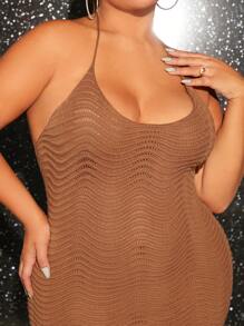 SHEIN SXY Plus Size Backless Halter Wave Texture Sweater Dress Sexy Outfits Club New Years Party Outfit - Brown - View 7