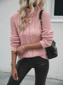SHEIN LUNE Áo cao cổ Tay Raglan Xoắn Dan Áo len - Bụi hồng - Xem 1