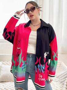 SHEIN Coolane Hơn Đồ họa chữ & lửa Sọc trang trí Thả vai Áo sơ mi - Nhiều màu - Xem 6