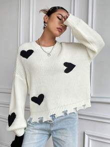 SHEIN Qutie 愛心圖案落肩袖仿舊邊套頭毛衣 - 彩色 - 查看 3