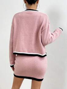 SHEIN Frenchy 1pc Striped Trim Drop Shoulder Cardigan & 1pc Knit Skirt - Pink - View 2
