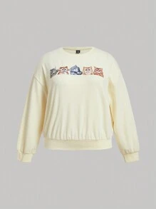 SHEIN MOD 女士加大號貓紋圓領運動衫 - 米色 - 查看 1