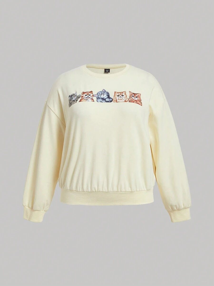 SHEIN MOD 女士加大號貓紋圓領運動衫 - 米色 - 查看 1