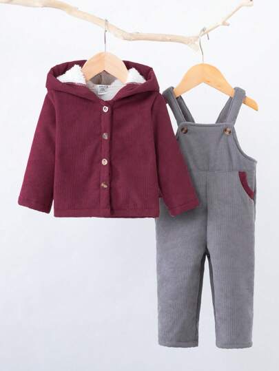 Đứa bé trai Nút phía trước Áo trùm đầu & Tổng thể Jumpsuit