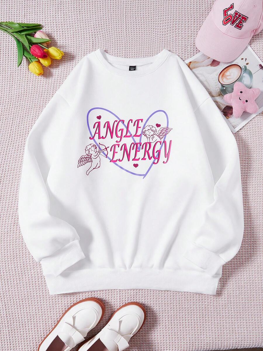 SHEIN EZwear 大碼愛心和字母圖案加絨內裏套頭衫 - 白色 - 查看 1