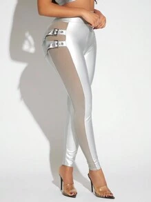 SHEIN SXY 帶扣細節嵌入網紗PU皮打底褲 - 銀色 - 查看 1