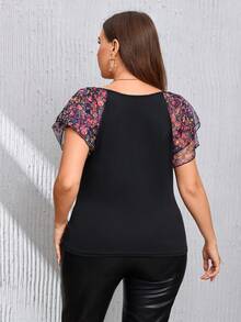 SHEIN Privé Hơn Tay áo lưới tương phản Áo thun - màu đen - Xem 2