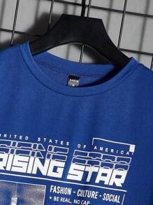 Manfinity VCAY Áo thun nam cổ tròn dài tay in chữ thường ngày, mặc hàng ngày - Màu xanh lam - Xem 4