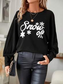 SHEIN LUNE Snowflake & Letter Graphic Batwing Sleeve Tee - Black - View 3