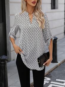 Allover Print Notched Neck Roll Tab Sleeve Blouse - White - View 3