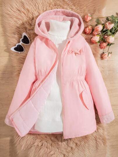SHEIN 1 pièce Manteau matelassé à capuche avec nœud papillon, pour fille pré-adolescente