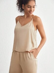 Ocili 纯色系带背心和裤子睡衣套装/睡衣套装 - 杏色 - 查看 3